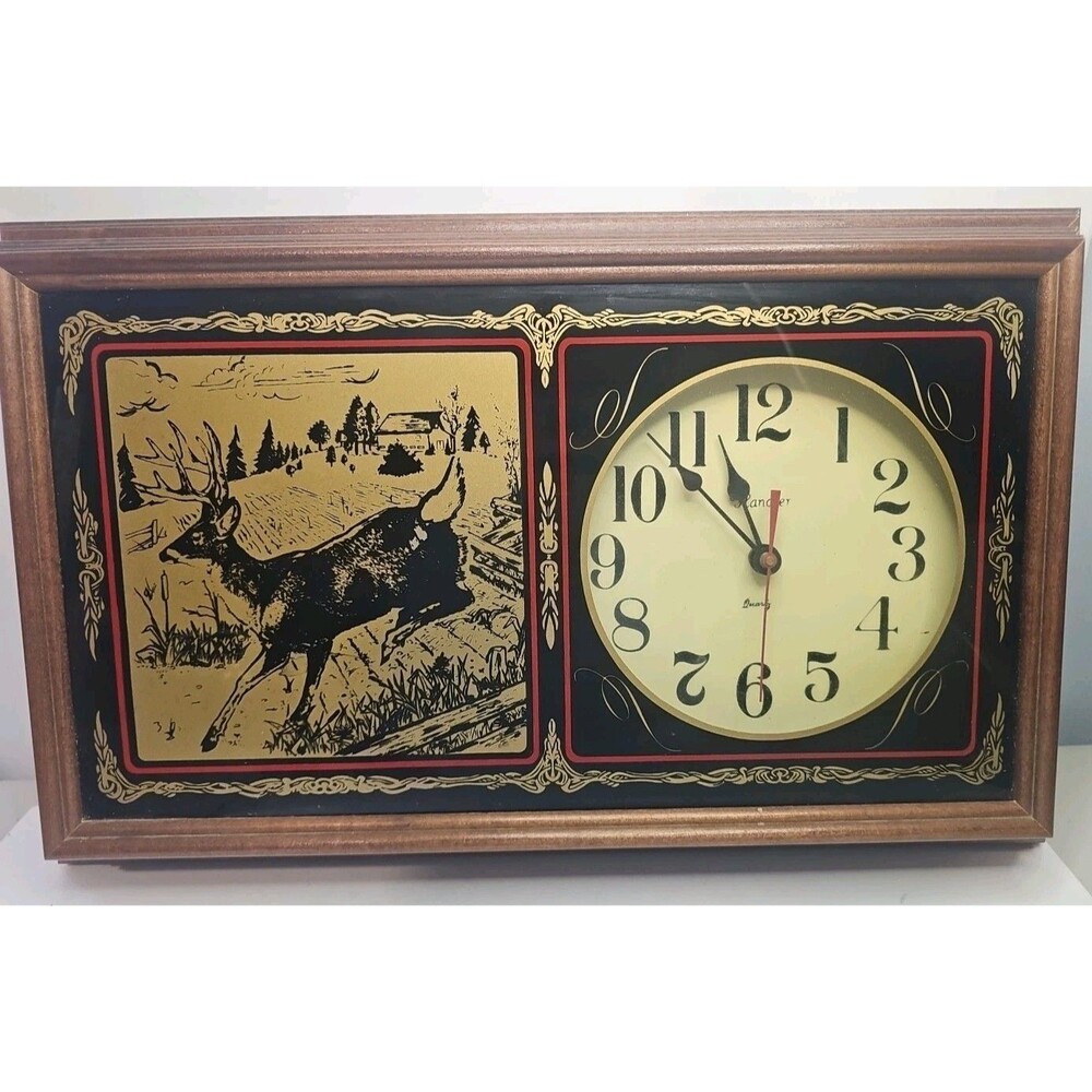 Vintage Hanover Clock Running Buck Scene Wood Glass Hunting Deer